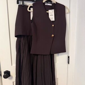 ZARA Chocolate Brown Sleeveless Button Vest & Pleated Skirt Set